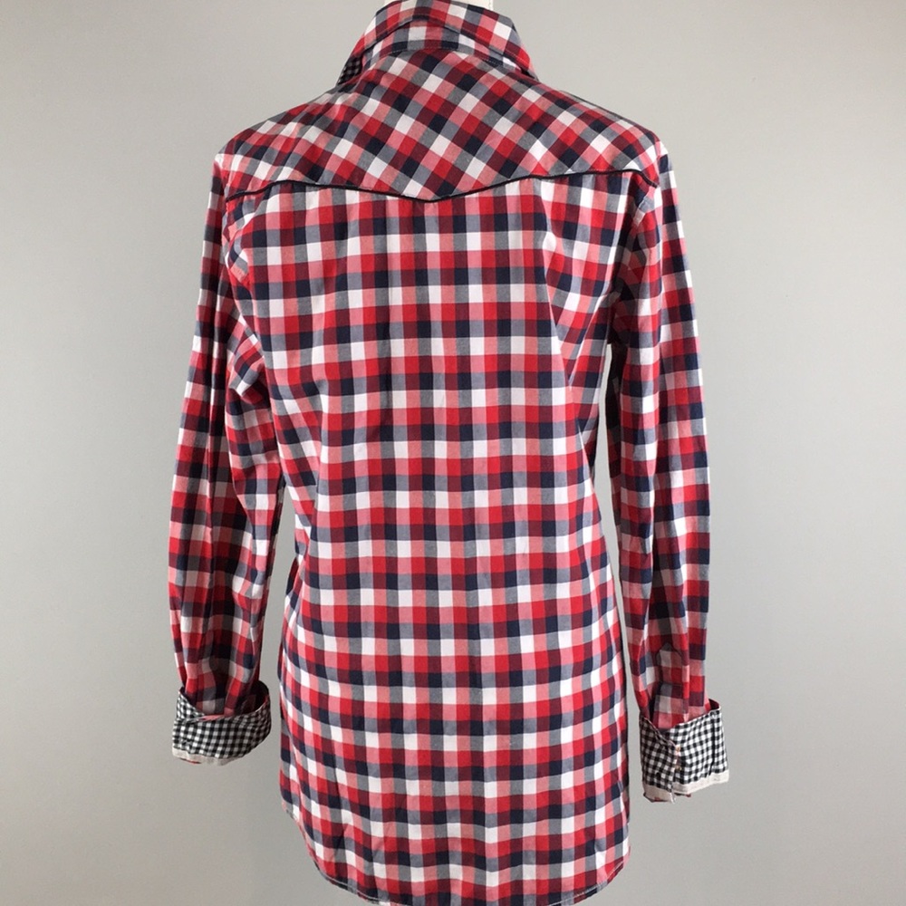 Sovereign Code Red Navy Plaid Button Down Top - image 3